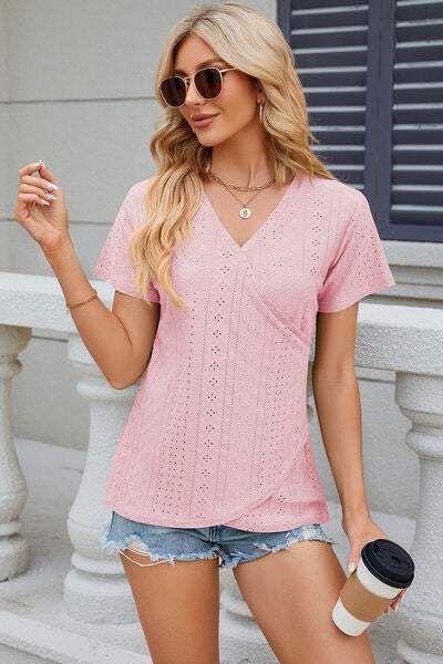 Eyelet Surplice Short Sleeve T-Shirt Women's T-Shirts - Tophatter Daily Deals