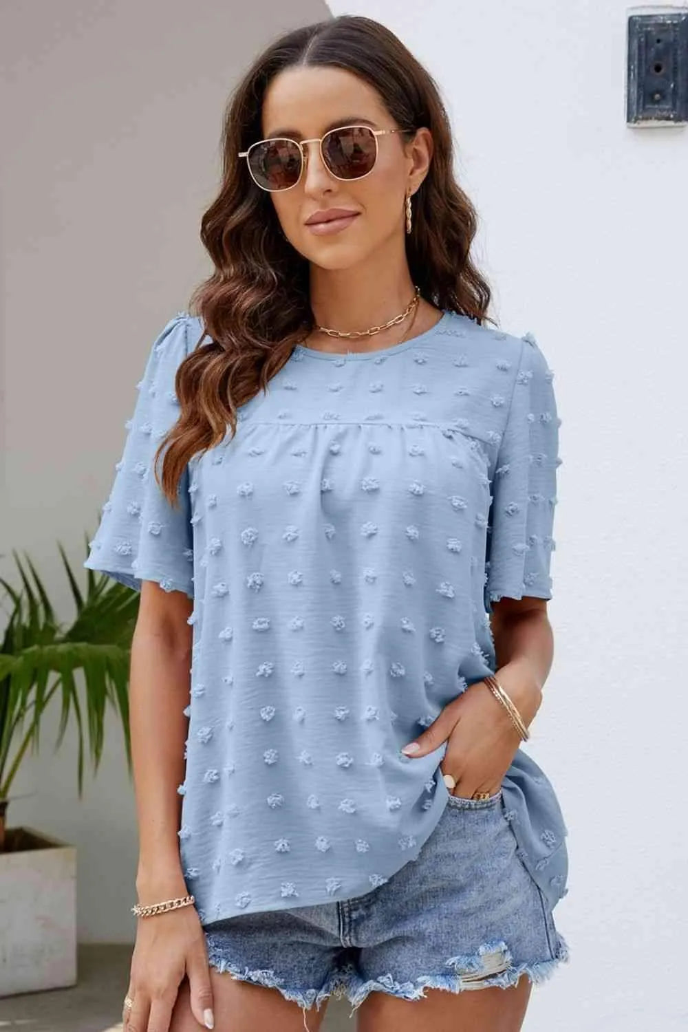 Swiss Dot Puff Sleeve Round Neck Blouse Pastel Blue Blouses - Tophatter Daily Deals