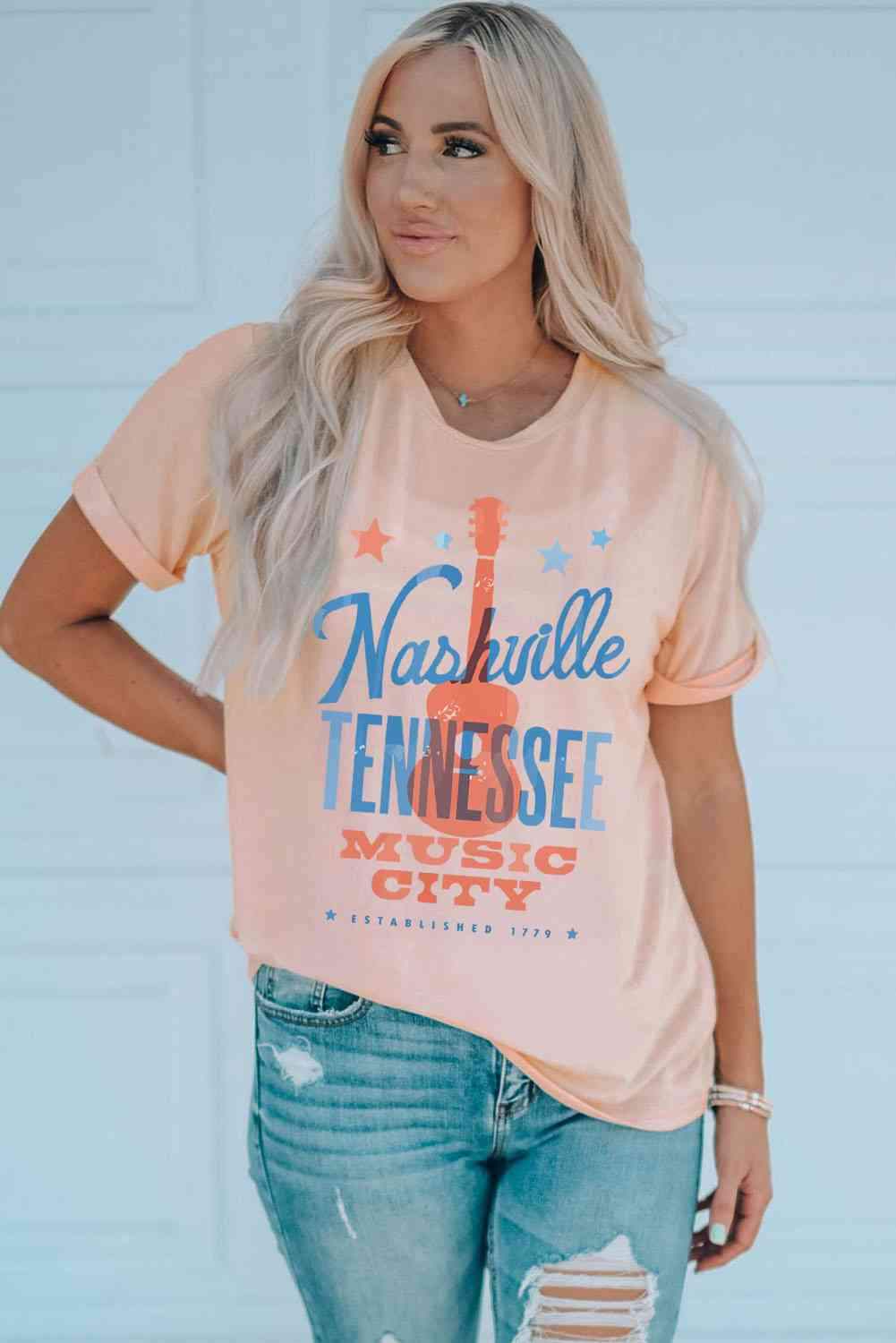 NASHVILLE TENNESSEE MUSIC CITY Cuffed Short Sleeve Tee Women's T-Shirts - Tophatter Daily Deals