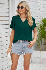 V-Neck Flutter Sleeve Blouse Green Blouses - Tophatter Daily Deals