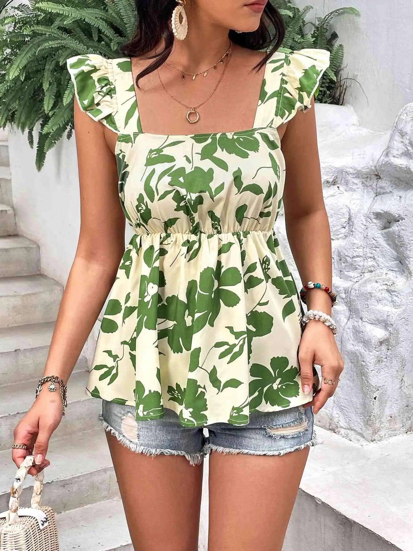 Tied Cutout Square Neck Butterfly Sleeve Babydoll Blouse Blouses - Tophatter Daily Deals