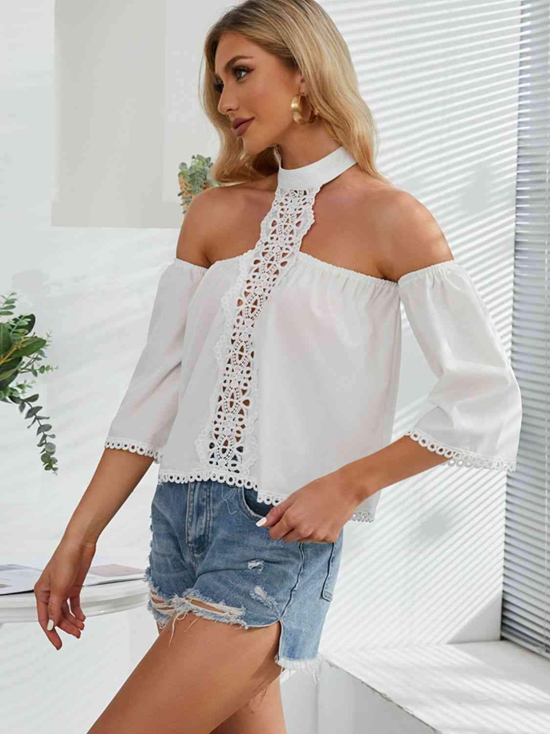 Crochet Halter Neck Cold-Shoulder Blouse Blouses - Tophatter Daily Deals