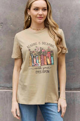 Simply Love Simply Love Full Size READING IS DREAMING WITH YOUR EYES OPEN Graphic Cotton Tee Taupe Women's T-Shirts - Tophatter Daily Deals