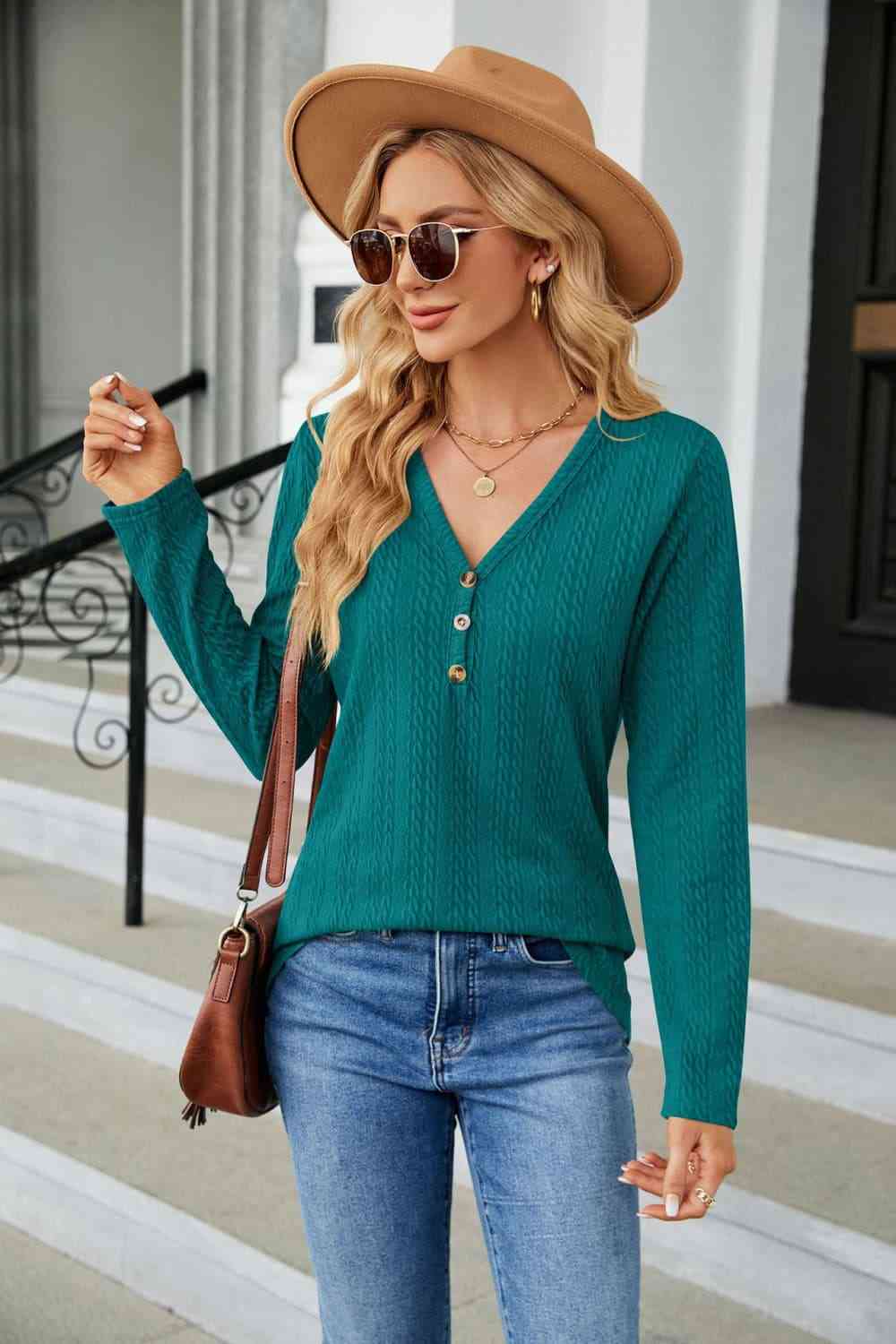 Cable-Knit Long Sleeve V-Neck T-Shirt Women's T-Shirts - Tophatter Daily Deals