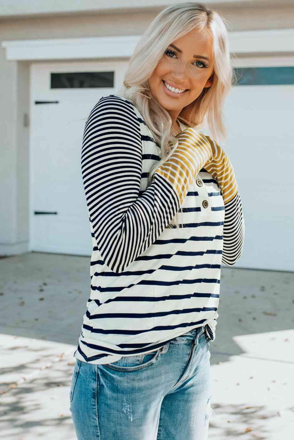 Striped Buttoned Long Sleeve Top Women's T-Shirts - Tophatter Daily Deals