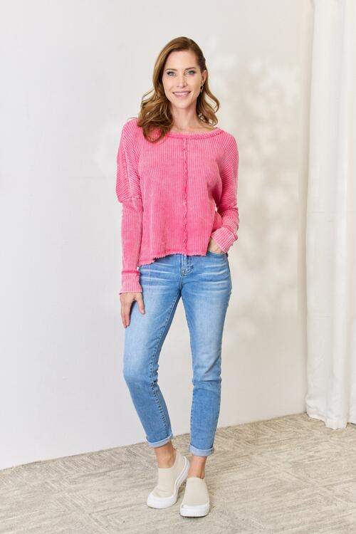 Zenana Washed Waffle-Knit Long Sleeve Top Blouses - Tophatter Daily Deals