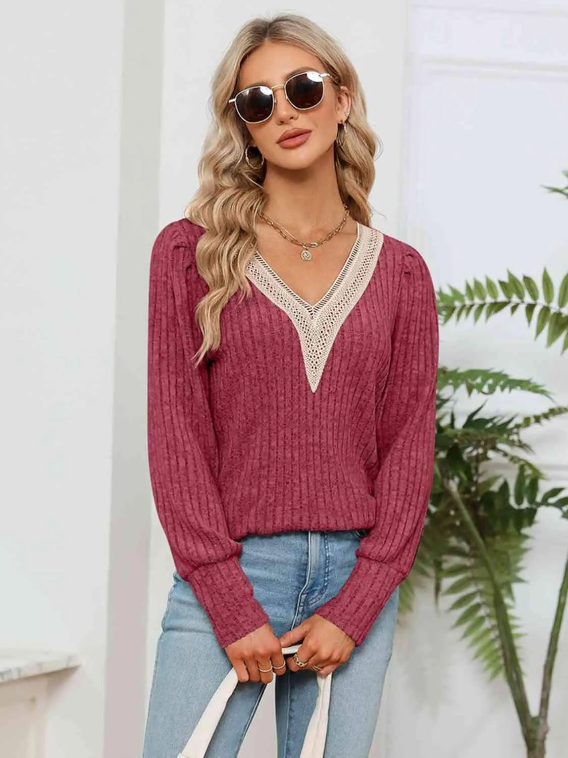 Lace Detail V-Neck Ribbed Blouse Blouses - Tophatter Daily Deals