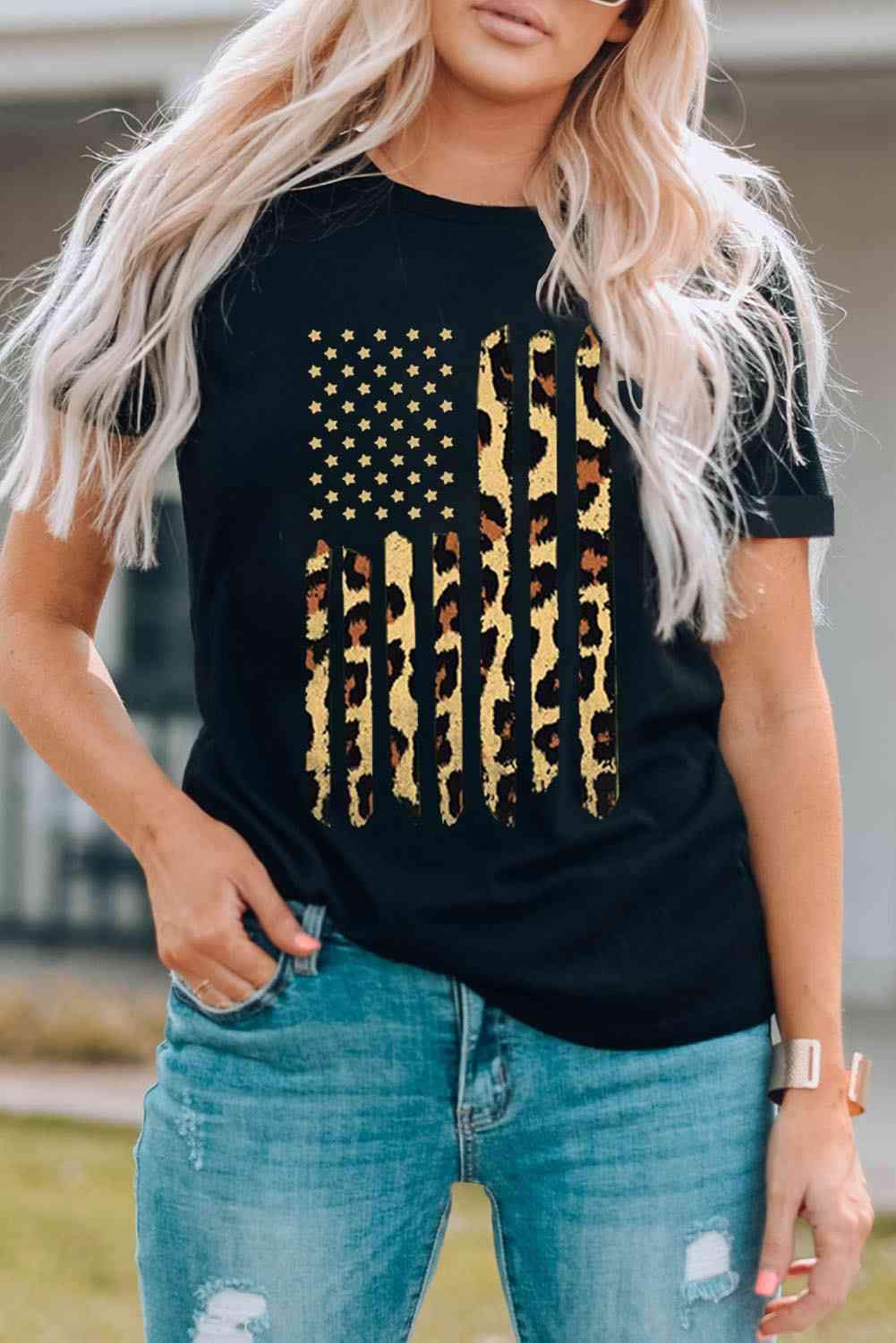 Stars and Stripes Graphic Round Neck Tee Women's T-Shirts - Tophatter Daily Deals