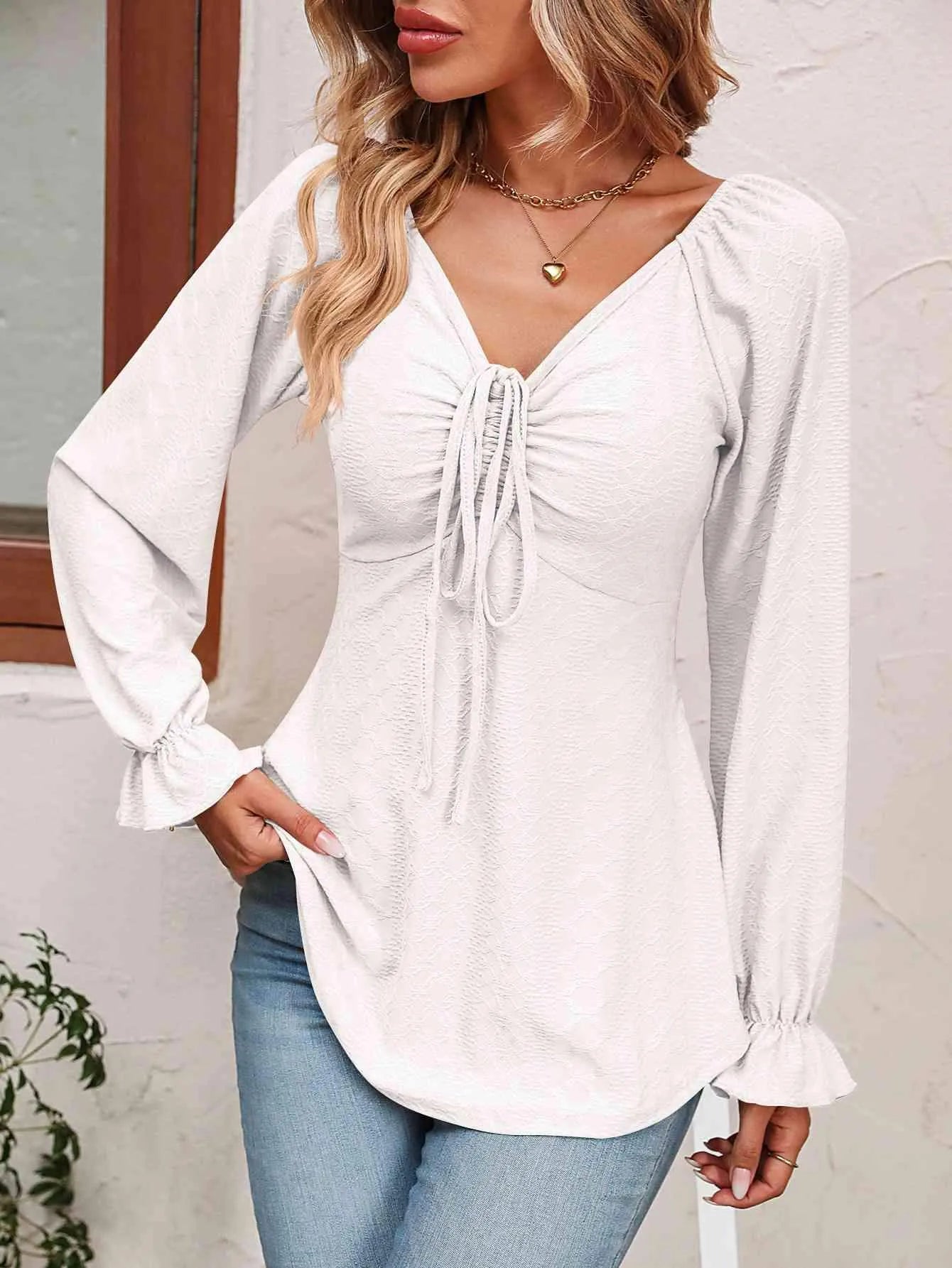Tie Front V-Neck Puff Sleeve Blouse Blouses - Tophatter Daily Deals