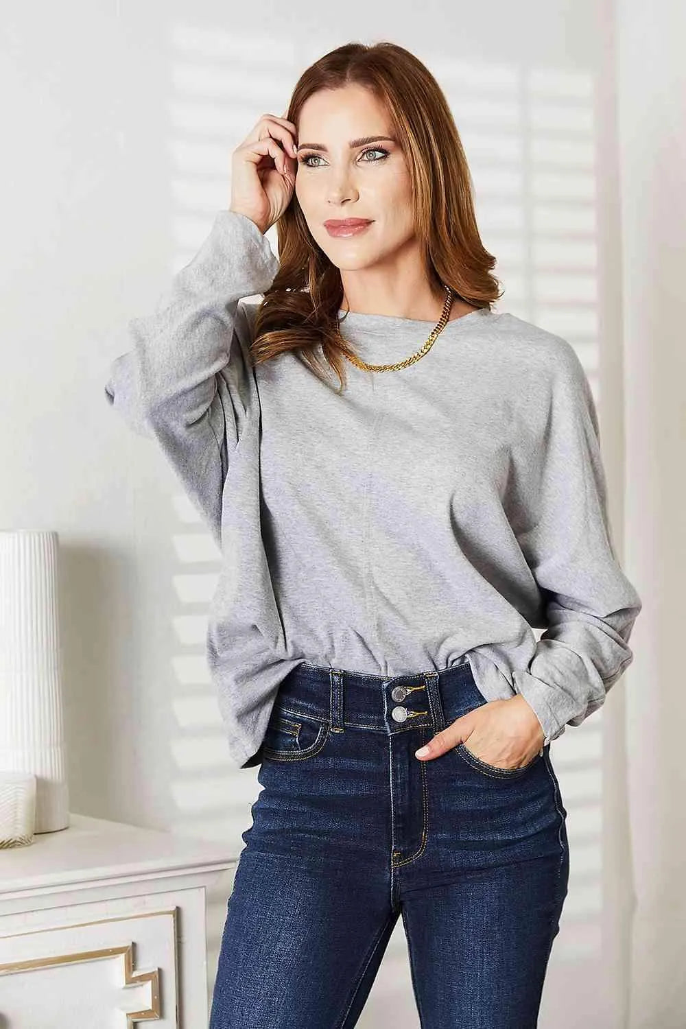 Double Take Seam Detail Round Neck Long Sleeve Top Light Gray Women's T-Shirts - Tophatter Daily Deals
