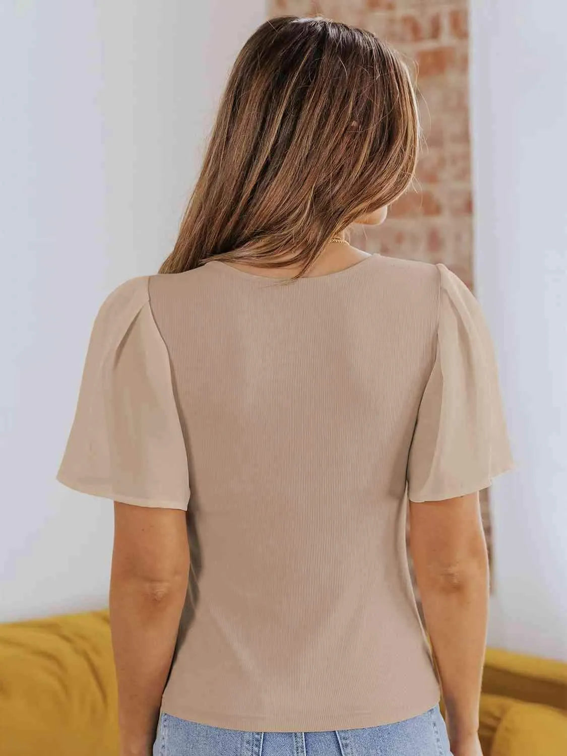 V-Neck Flutter Sleeve Top Blouses - Tophatter Daily Deals