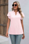 Eyelet Notched Neck Flutter Sleeve Top Women's T-Shirts - Tophatter Daily Deals