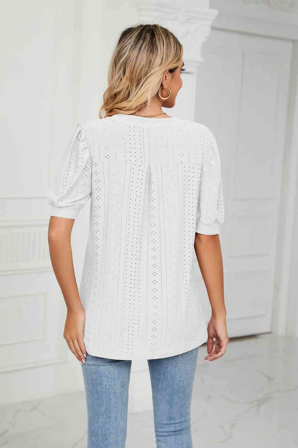 Eyelet Short Puff Sleeve Notched Neck Top Blouses - Tophatter Daily Deals