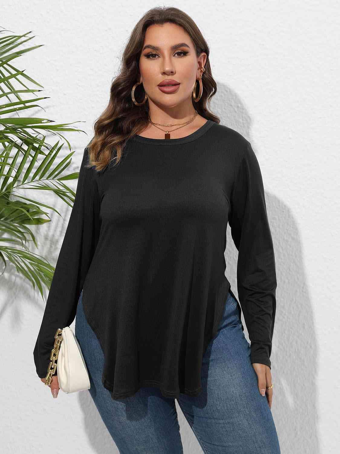 Plus Size Round Neck Long Sleeve Slit T-Shirt Black Women's T-Shirts - Tophatter Daily Deals