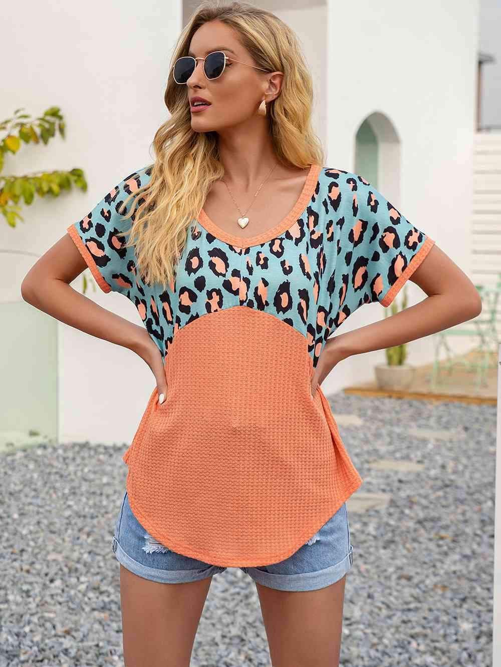 Leopard Waffle-Knit Short Sleeve Top Women's T-Shirts - Tophatter Daily Deals