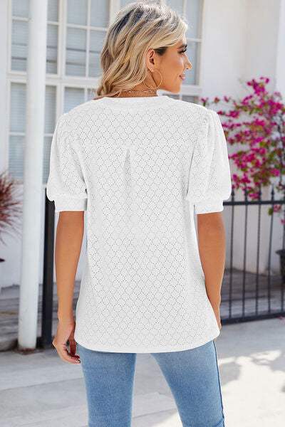 Eyelet Notched Puff Sleeve T-Shirt Women's T-Shirts - Tophatter Daily Deals