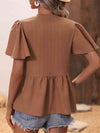 Ribbed Flutter Sleeve Notched Peplum Blouse Blouses - Tophatter Daily Deals