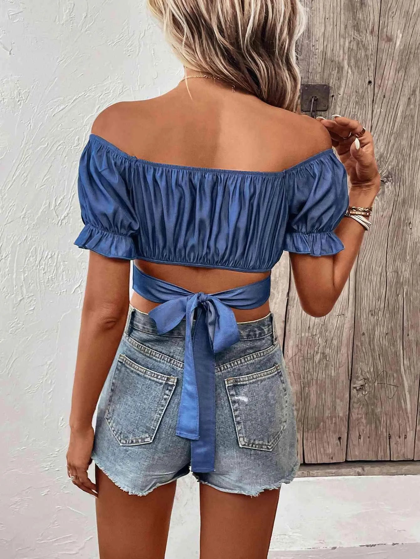 Ruched Off-Shoulder Cropped Blouse Blouses - Tophatter Daily Deals