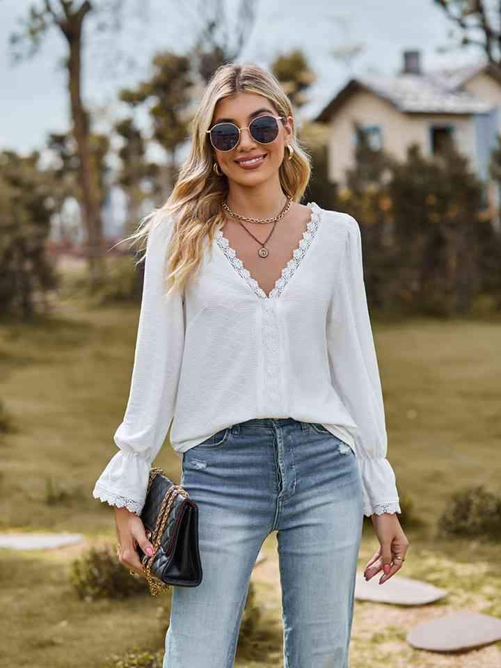 V-Neck Flounce Sleeve Blouse White Blouses - Tophatter Daily Deals