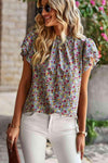 Floral Round Neck Flutter Sleeve Blouse Blouses - Tophatter Daily Deals