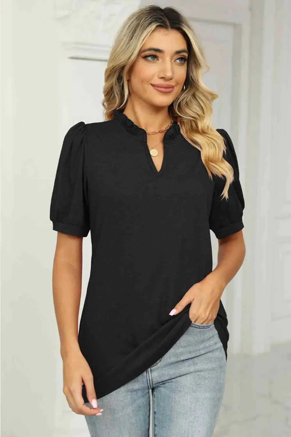 Notched Neck Puff Sleeve T-Shirt Black Women's T-Shirts - Tophatter Daily Deals