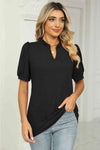 Notched Neck Puff Sleeve T-Shirt Black Women's T-Shirts - Tophatter Daily Deals