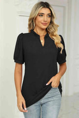 Notched Neck Puff Sleeve T-Shirt Black Women's T-Shirts - Tophatter Daily Deals