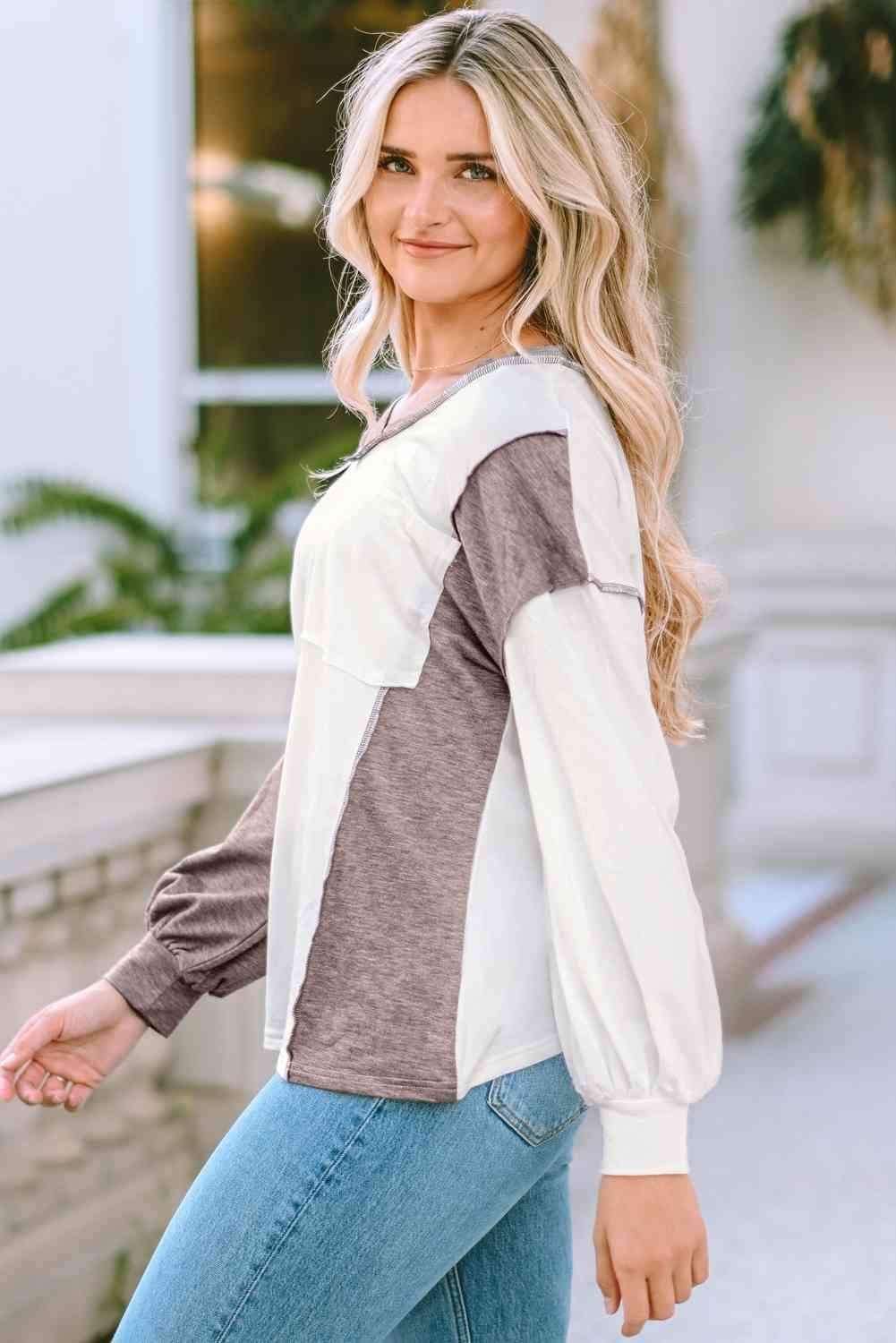 Color Block Exposed Seam Blouse Blouses - Tophatter Daily Deals