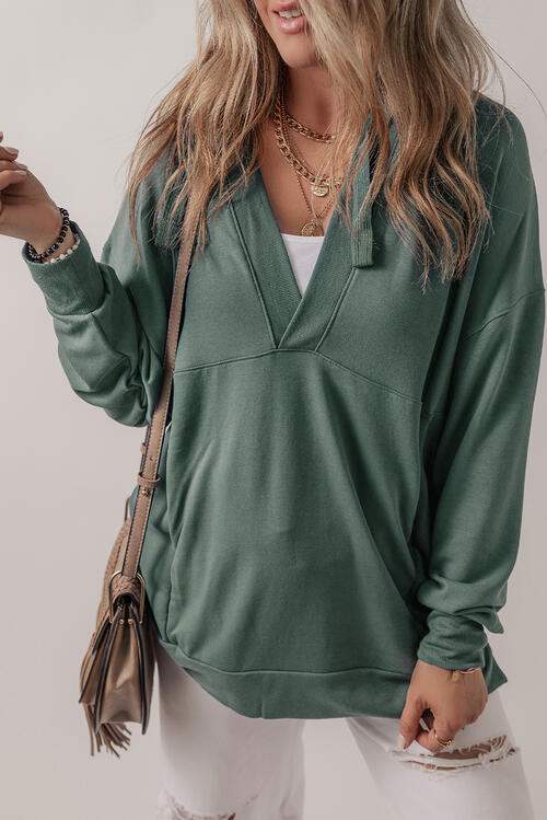 V-Neck Long Sleeve Hooded Top Green Blouses - Tophatter Daily Deals