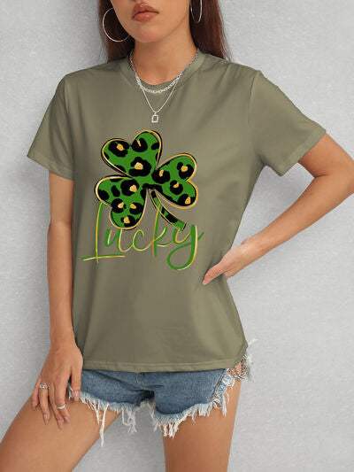 Lucky Clover Round Neck Short Sleeve T-Shirt Army Green Women's T-Shirts - Tophatter Daily Deals