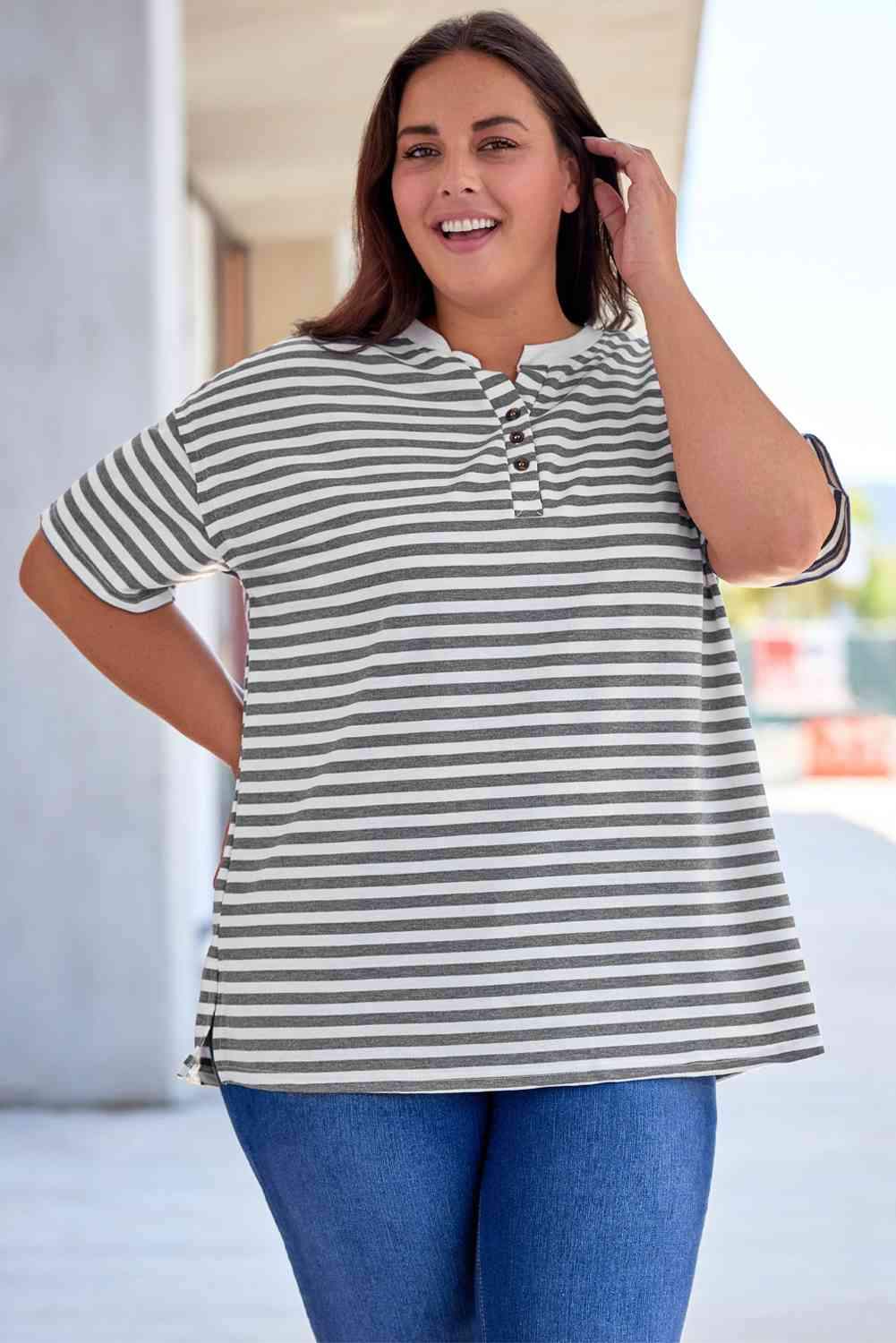 Plus Size Striped Notched Neck Short Sleeve Tee Women's T-Shirts - Tophatter Daily Deals