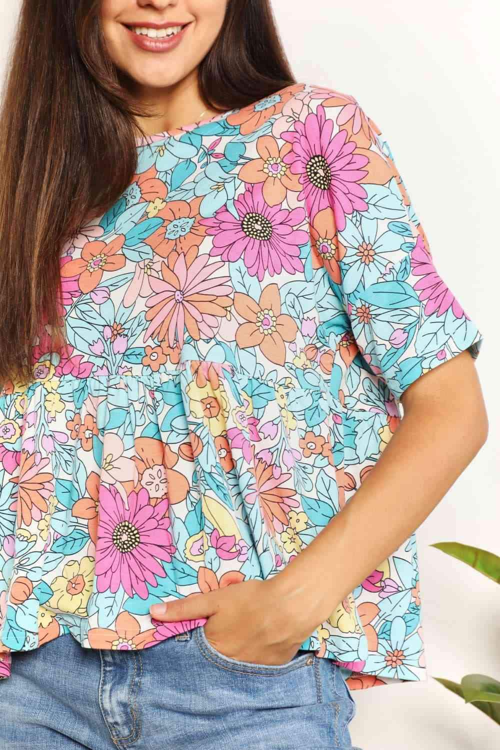 Double Take Floral Round Neck Babydoll Top Blouses - Tophatter Daily Deals