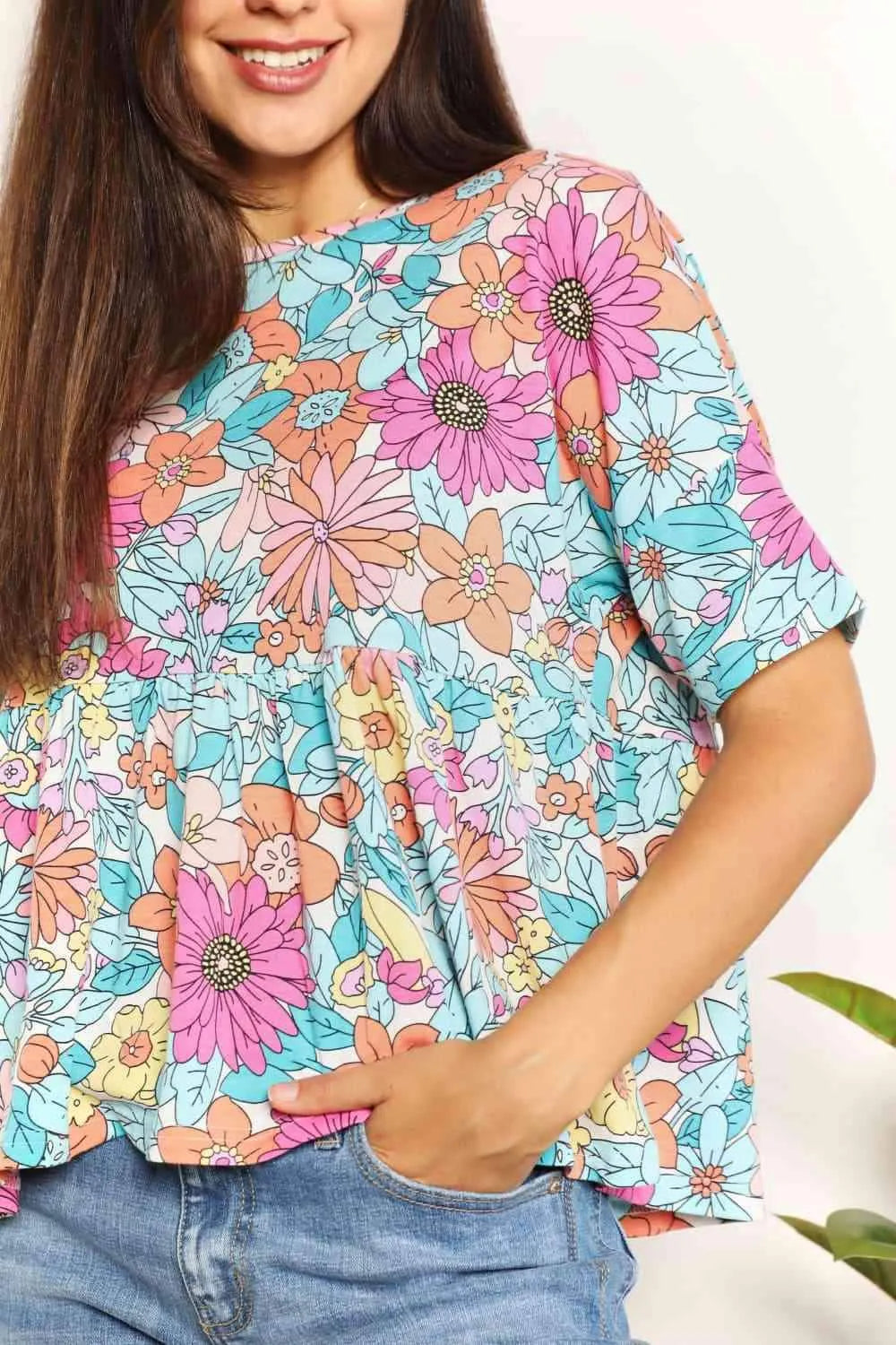 Double Take Floral Round Neck Babydoll Top Blouses - Tophatter Daily Deals