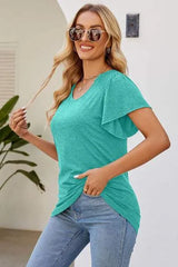 Smocked Round Neck Flutter Sleeve T-Shirt Women's T-Shirts - Tophatter Daily Deals