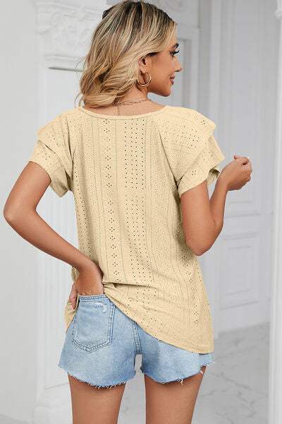 Eyelet V-Neck Short Sleeve T-Shirt Women's T-Shirts - Tophatter Daily Deals