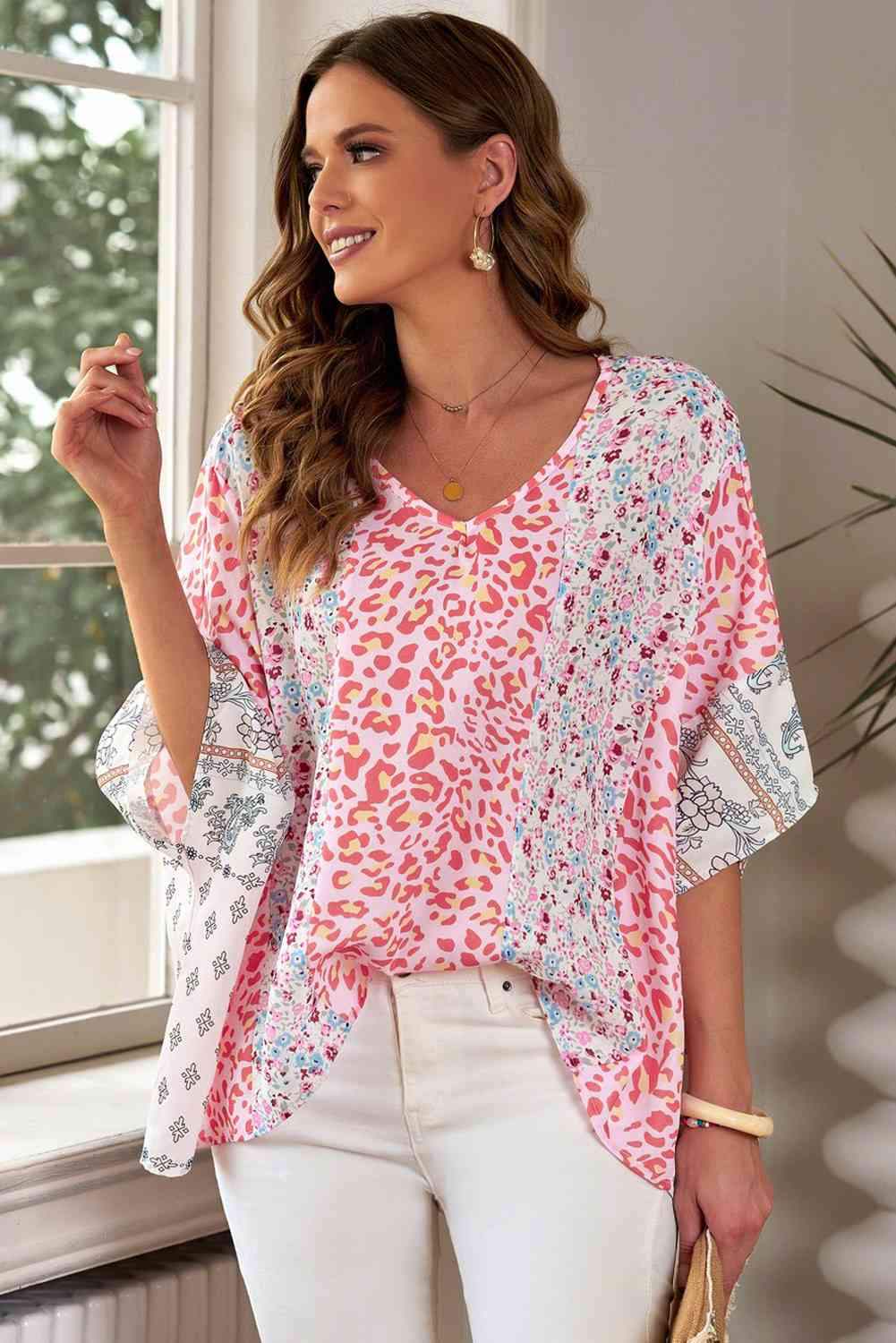 Mixed Print V-Neck Blouse Blouses - Tophatter Daily Deals