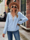 Swiss Dot V-Neck Long Sleeve Blouse Pastel Blue Blouses - Tophatter Daily Deals