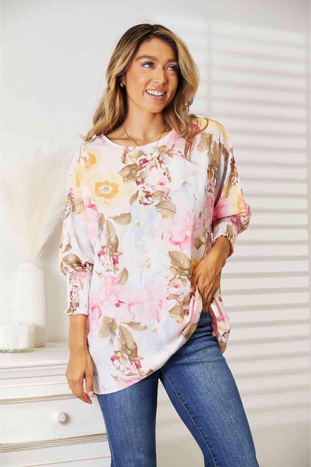 Double Take Floral Round Neck Three-Quarter Sleeve Top Blush Pink Blouses - Tophatter Daily Deals