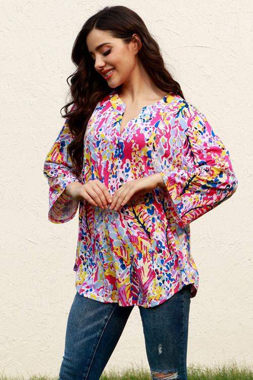 Plus Size Printed Notched Long Sleeve Blouse Multicolor Blouses - Tophatter Daily Deals