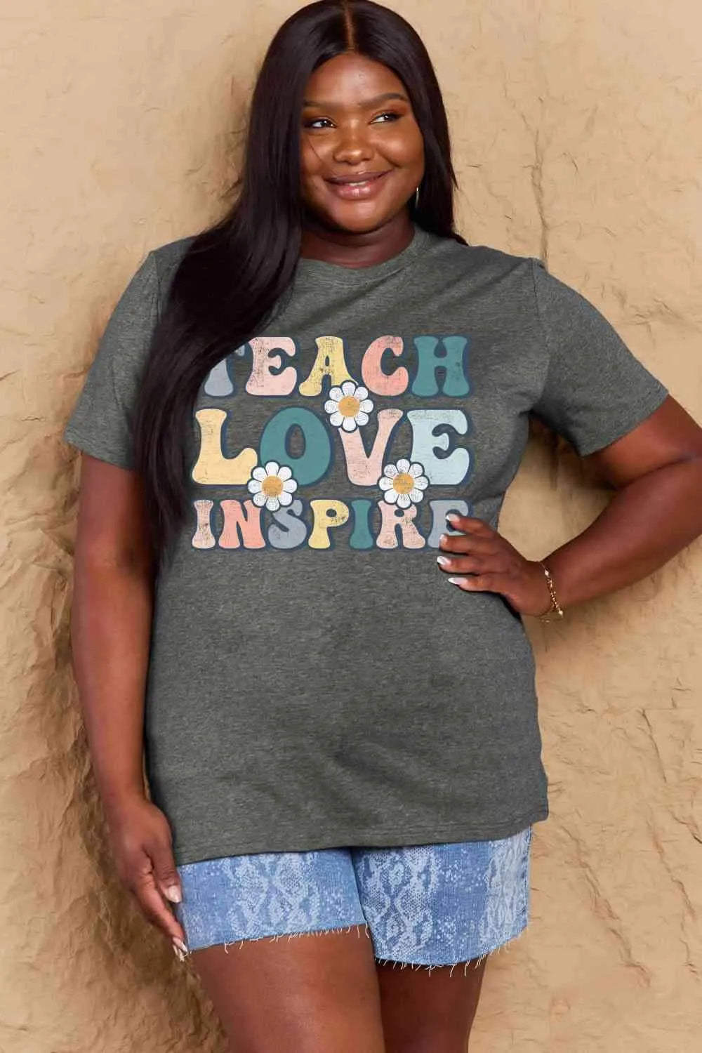 Simply Love Full Size TEACH LOVE INSPIRE Graphic Cotton T-Shirt Women's T-Shirts - Tophatter Daily Deals
