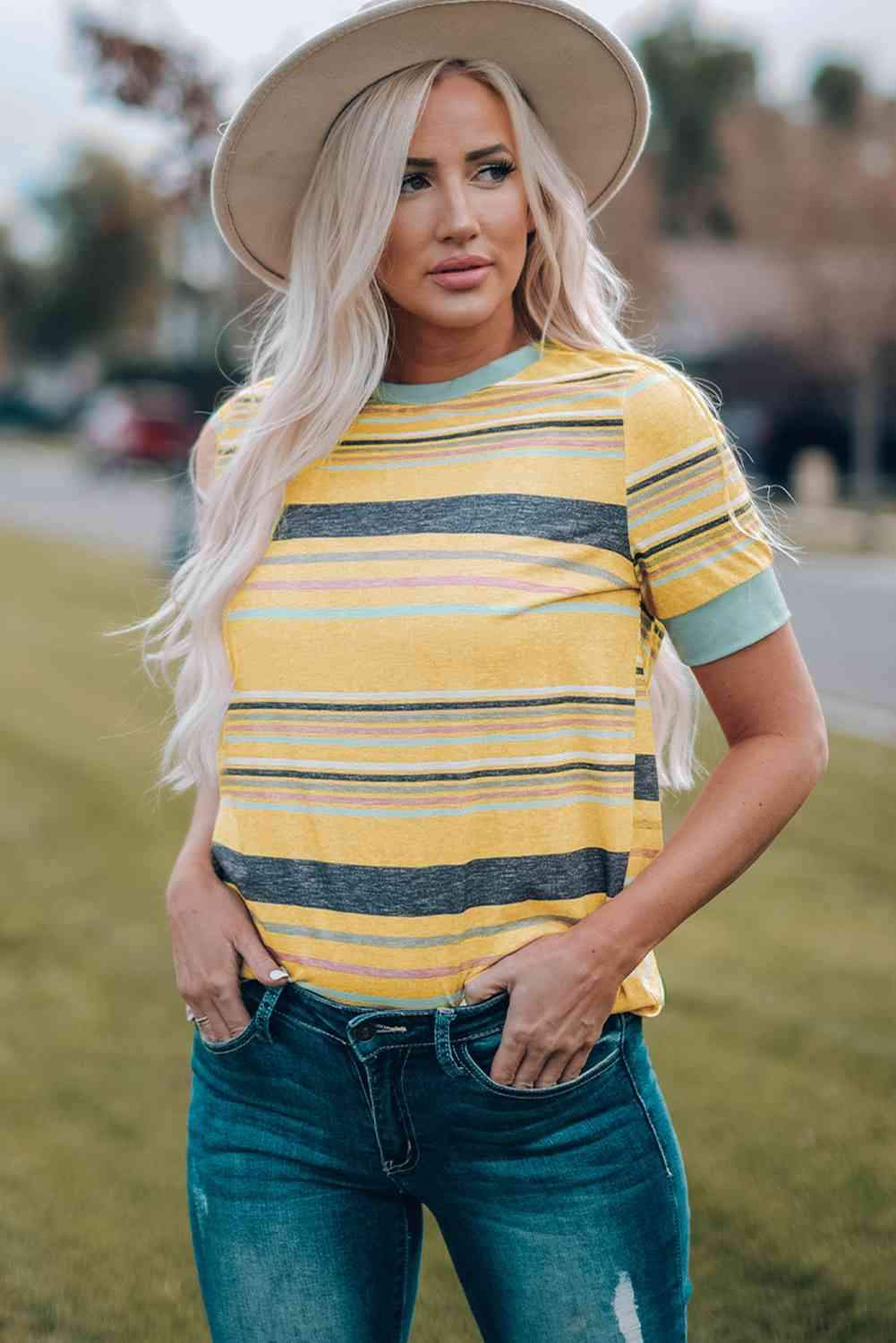 Multicolored Striped Round Neck Tee Shirt Women's T-Shirts - Tophatter Daily Deals