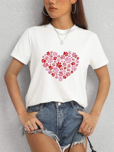 Heart Round Neck Short Sleeve T-Shirt Women's T-Shirts - Tophatter Daily Deals