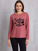 KINDNESS AND COFFEE Round Neck T-Shirt Light Mauve Women's T-Shirts - Tophatter Daily Deals