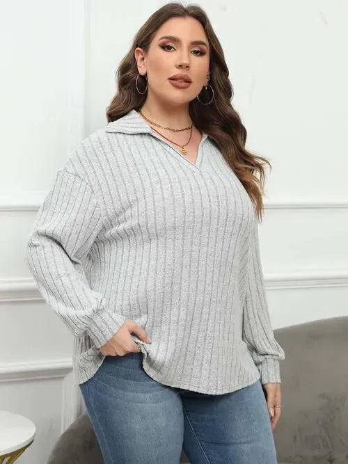 Plus Size Ribbed Collared Neck Long Sleeve Blouse Cloudy Blue Blouses - Tophatter Daily Deals