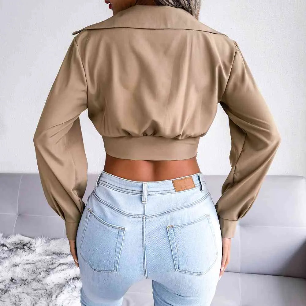 Knot Detail Collared Cropped Top Blouses - Tophatter Daily Deals