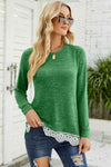 Heathered Round Neck Spliced Lace Hem Top Green Blouses - Tophatter Daily Deals