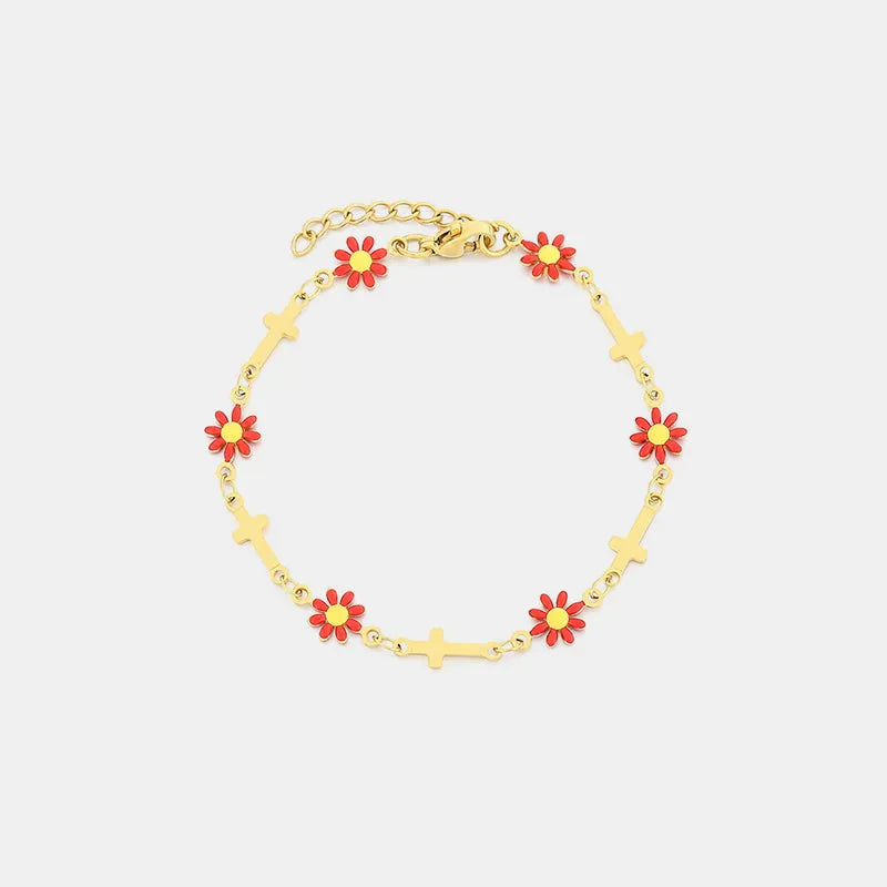 Flower & Cross Stainless Steel Bracelet Bracelets - Tophatter Daily Deals