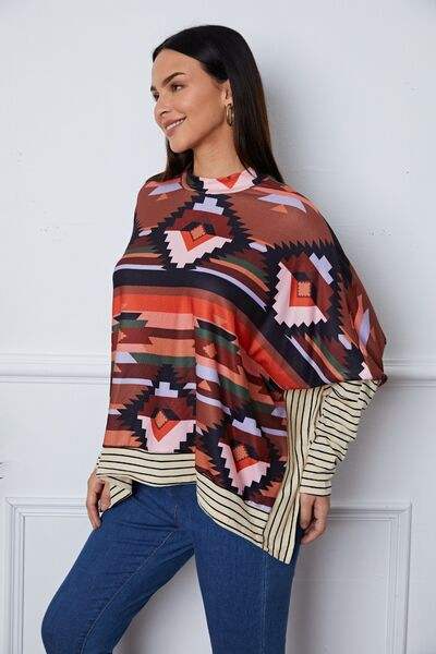 Geometric Striped Splicing Round Neck Blouse Blouses - Tophatter Daily Deals