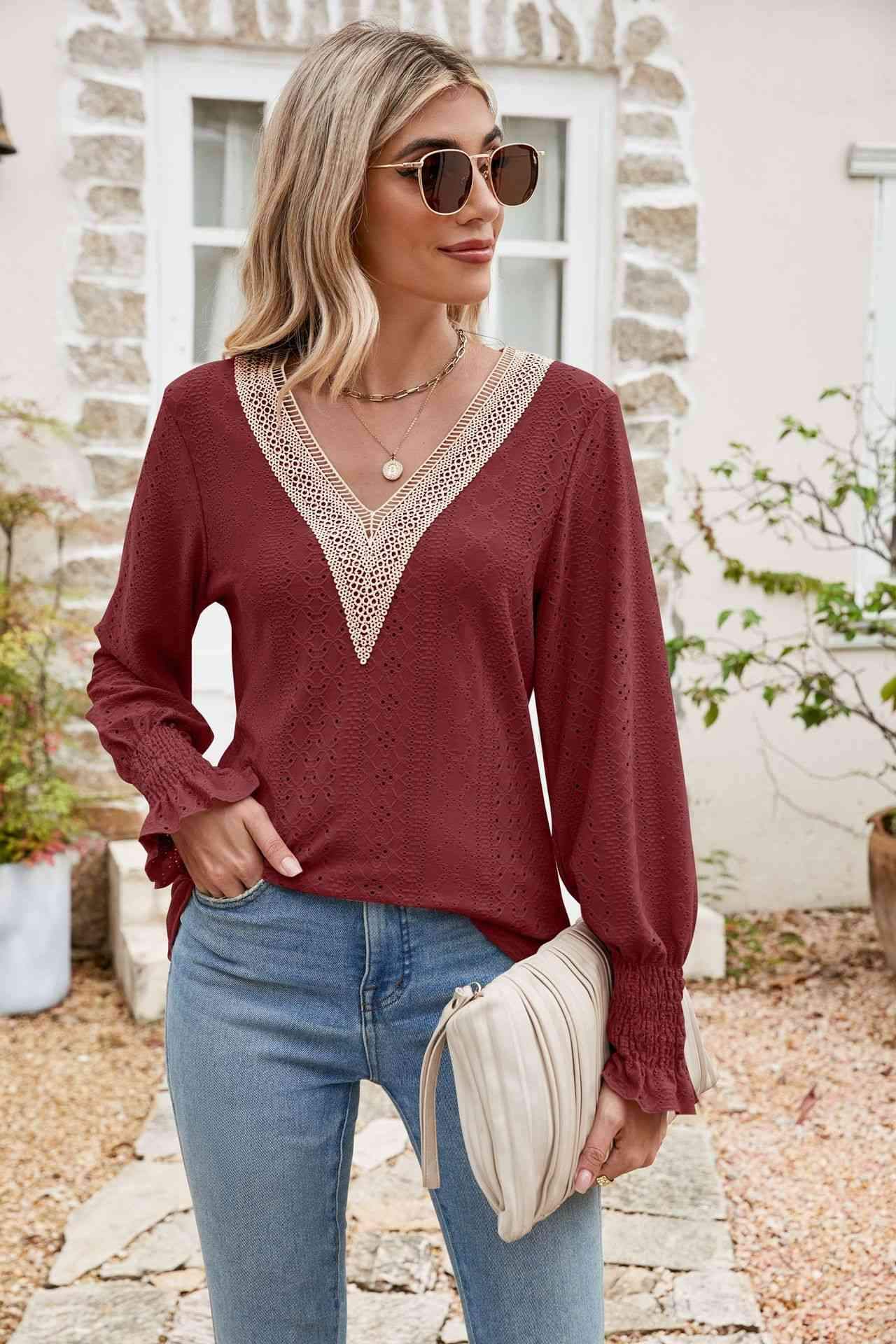 Eyelet V-Neck Smocked Flounce Sleeve Blouse Wine Blouses - Tophatter Daily Deals