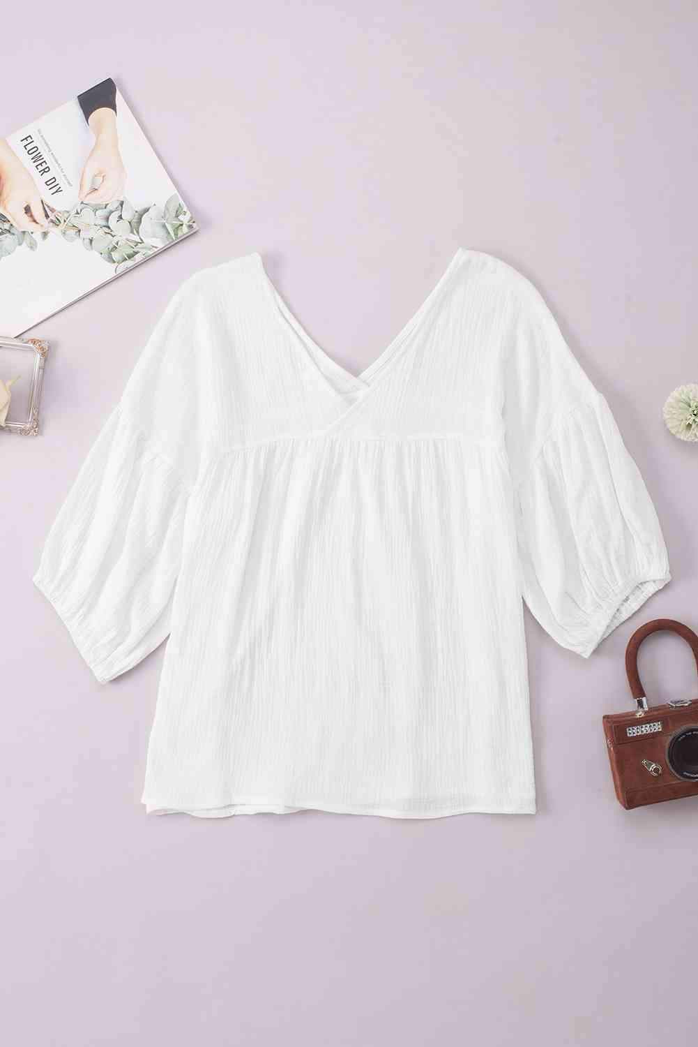 Dropped Shoulder V-Neck Blouse White Blouses - Tophatter Daily Deals